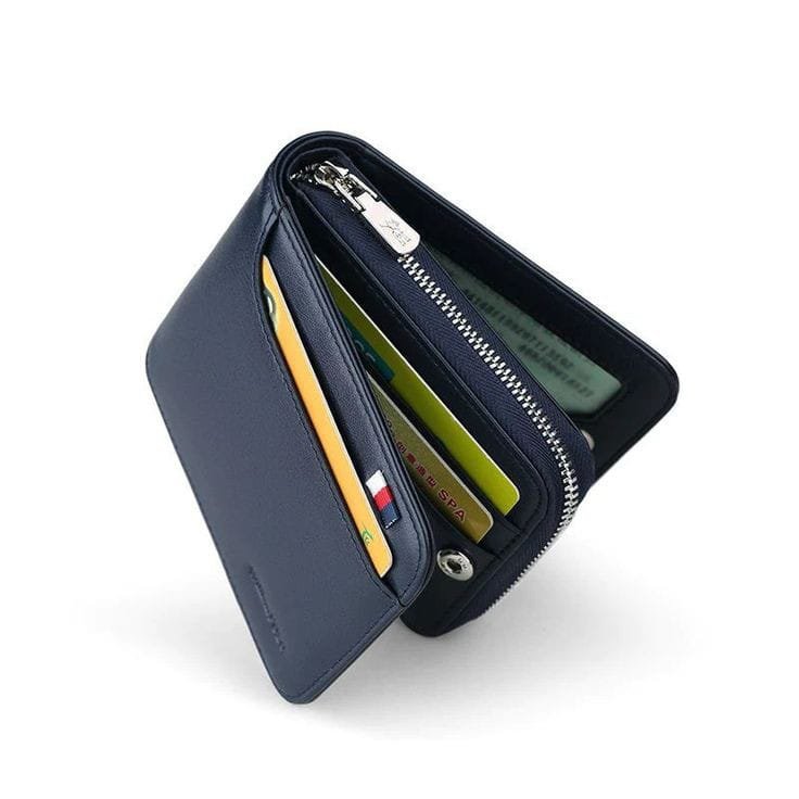 William Polo Men's Genuine Leather Business Zipper Wallet - Navy Blue