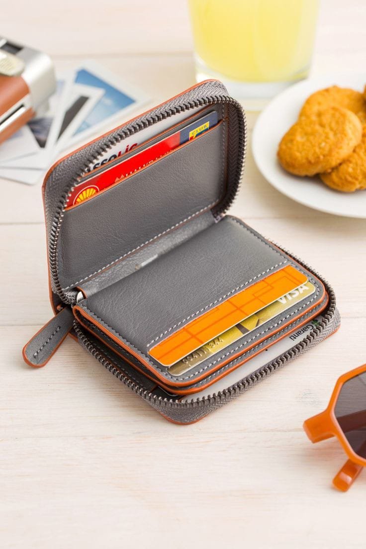 Garanti Men's Zippered Leather Wallet - Orange & Gray, Compact & Secure