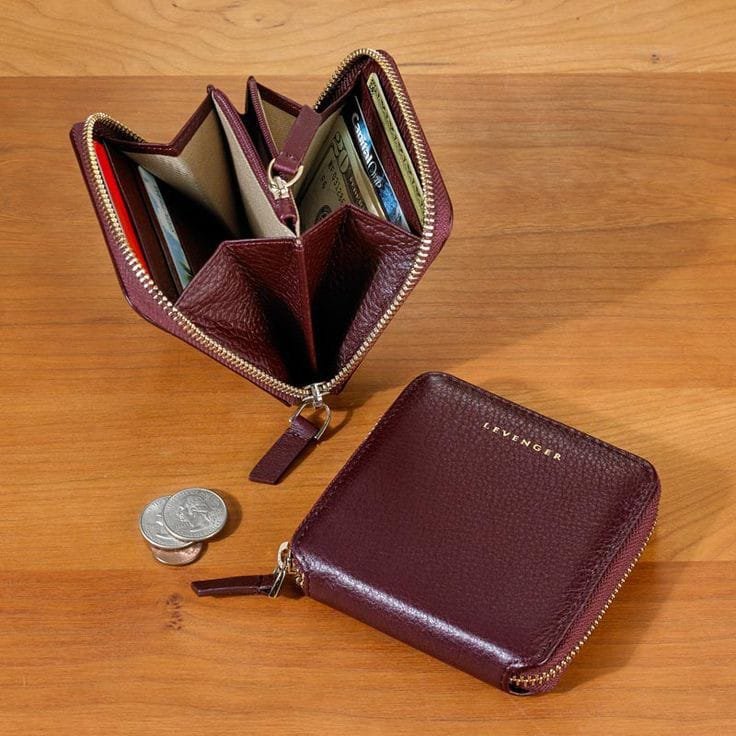 Levenger Circus of Happiness Leather Wallet - Burgundy, Accordion Style, Secure Zip