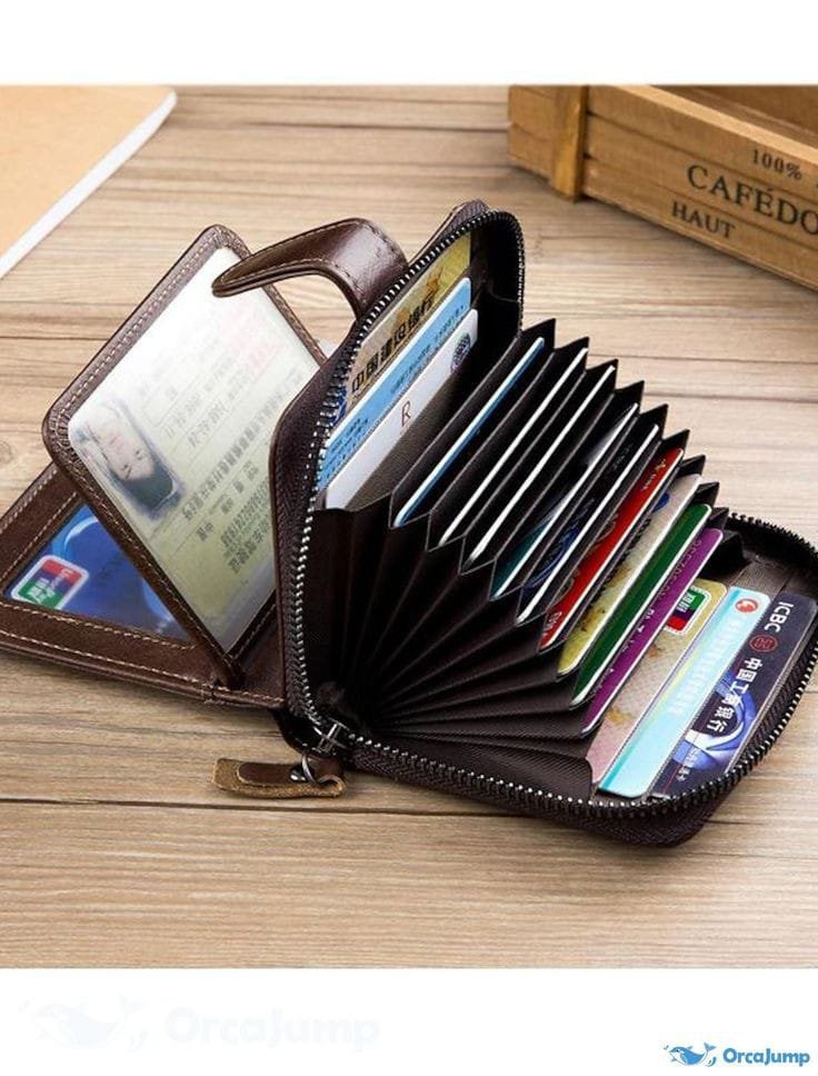  Bullcaptain Men's Genuine Leather Accordion Wallet - Brown, Expandable Card Holder