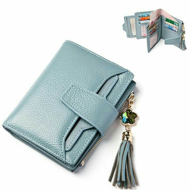 Elegant Blue Leather Bifold Wallet with Tassel Charm: Stylish Women's Accessory with Card Slots