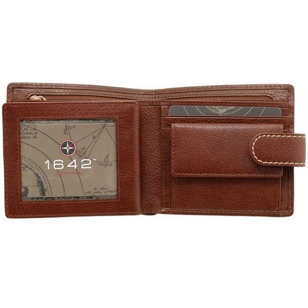 Men's Brown Leather Wallet with Snap Closure, ID Window, and Zippered Compartment.