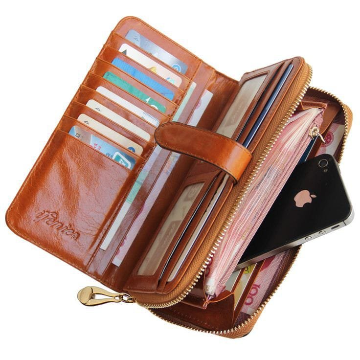 Difenics Genuine Leather Women's Wallet - Large Capacity, RFID Blocking, Brown