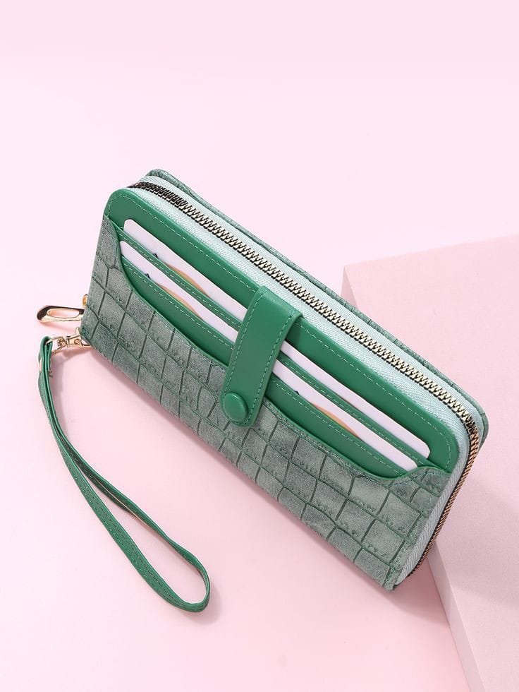 Women's Long Wallet with Zipper & Snap Closure - Green Croc Embossed, Wristlet Handbag