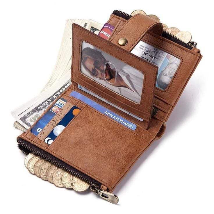 Humerpaul Men's Genuine Leather RFID Blocking Credit Card Holder Zipper Bifold Purse - Brown