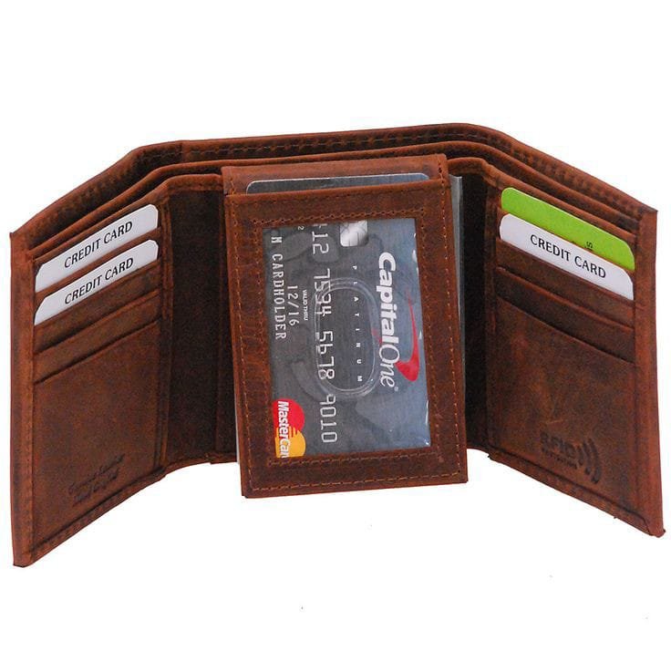  Full-Grain RFID Leather Trifold Wallet: Top End Design with Windowed Storage and Card Slots.