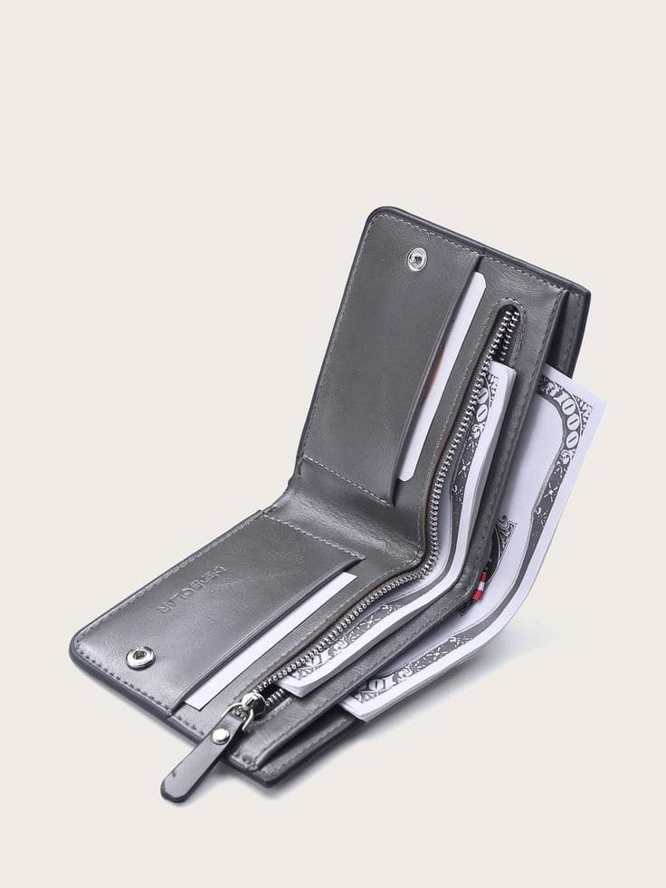 Modern Grey Leather Wallet with Unique Zippered Compartment and Snap Closure